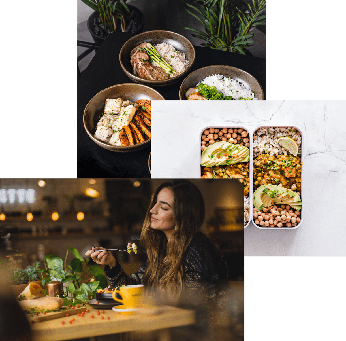 woman enjoying food, meals in storage container ,and food bowls on a table
